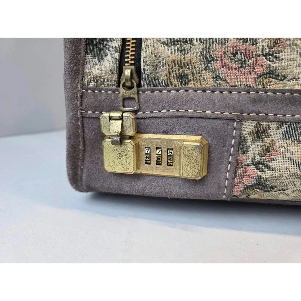 Vintage Suitcase French Luggage Co Gray Floral Rose Tapestry & Suede Leather 23